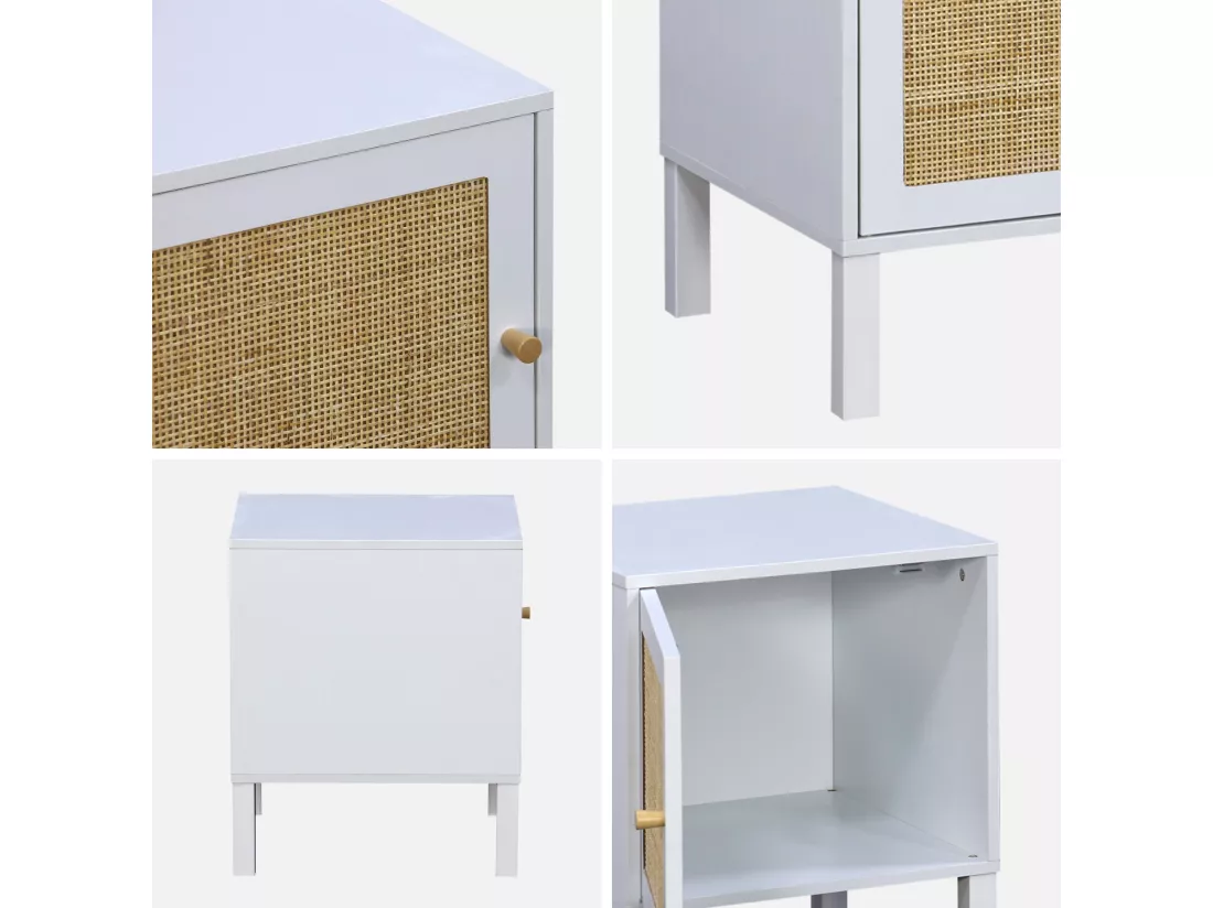 Table de chevet enfant effet bois blanc et cannage