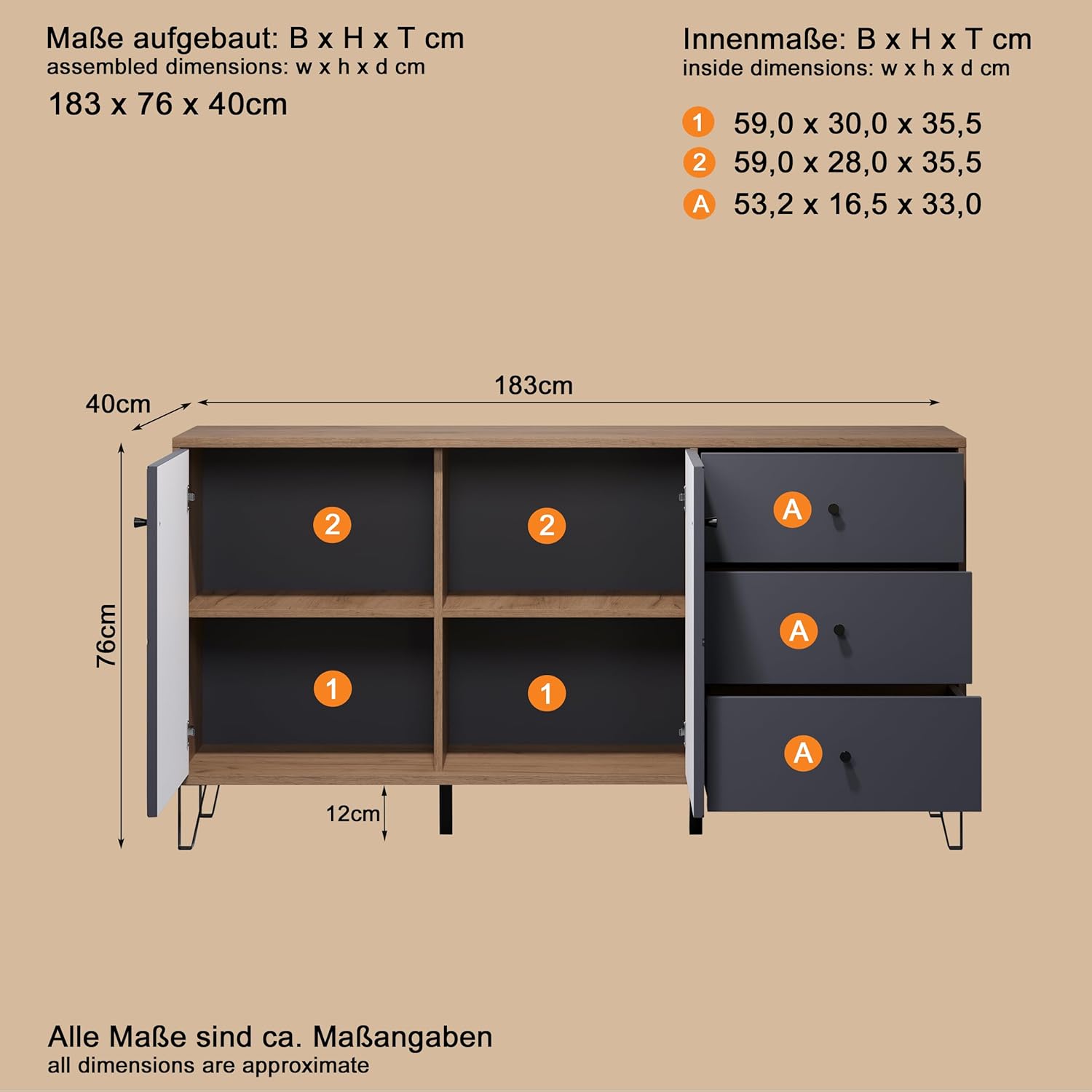 trendteam smart living - Montez - Sideboard - Eiche Kraft Gold/Graphite - 4 Fächer und 3 Schubladen - (BxHxT) 183 x 76 x 40 cm - Soft-Close- und Vollauszug-Funktion - kratzfest