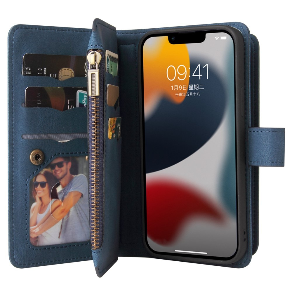 iPhone 14 Leder Wallet Etui Tasche mit 13 Kartenfächern   Münzfach - Blau