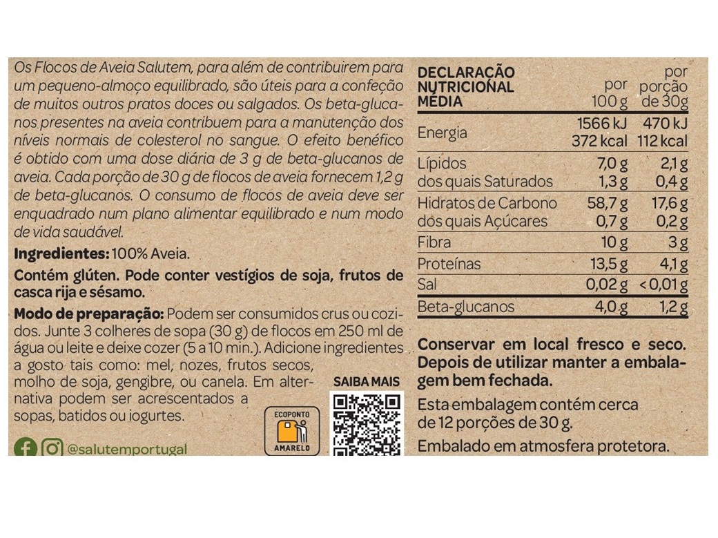 FLOCOS SALUTEM AVEIA FINOS INTEGRAIS 375G