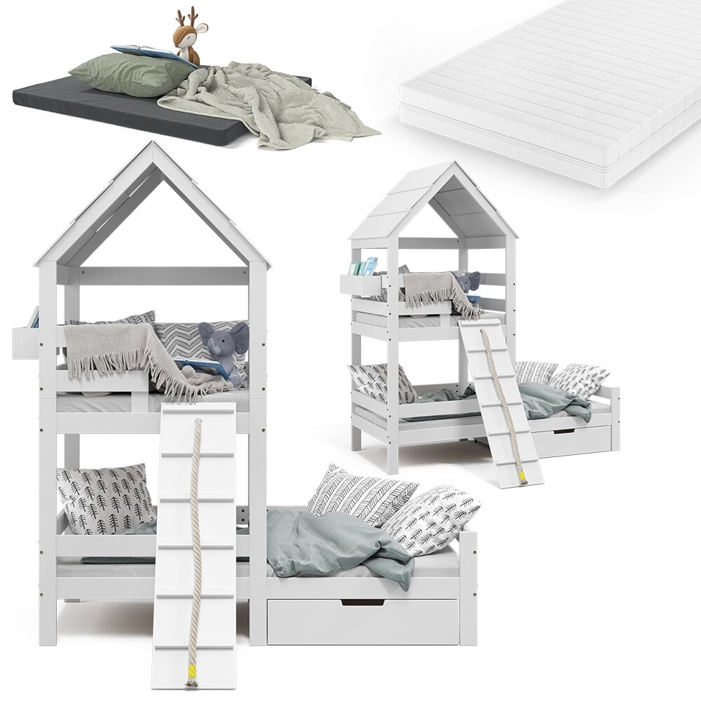 VitaliSpa Spielturmbett Kinderbett Spielbett Teddy Weiß modern 208x235 cm Massivholz Kinderzimmer Lattenrost Bett Schublade Matratze Abenteuerbett Kletterbett