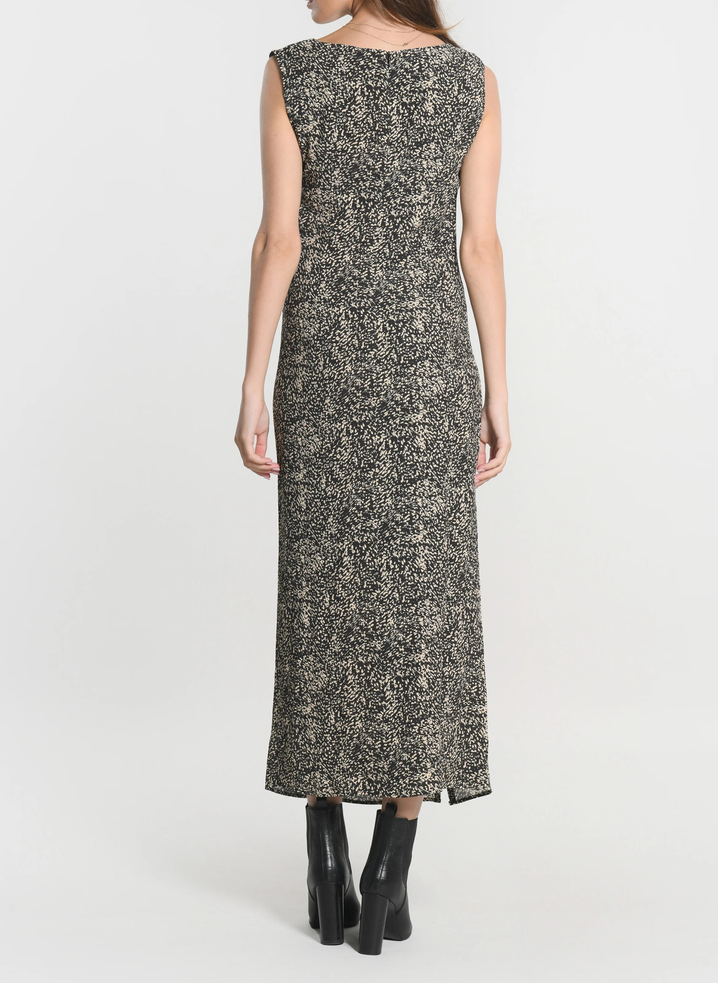 BIANCA - Robe midi col rond imprimée | Noir