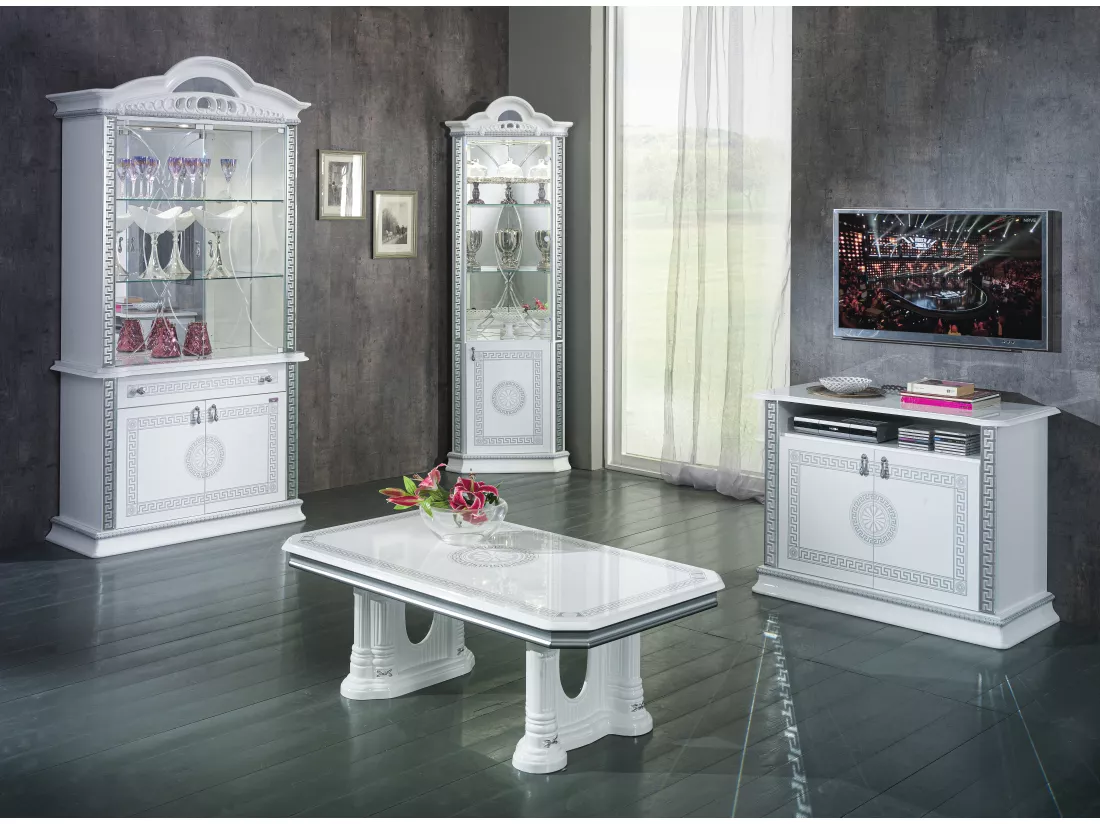 Vitrine d'angle bois vernis laqué brillant blanc et gris Venus 64cm