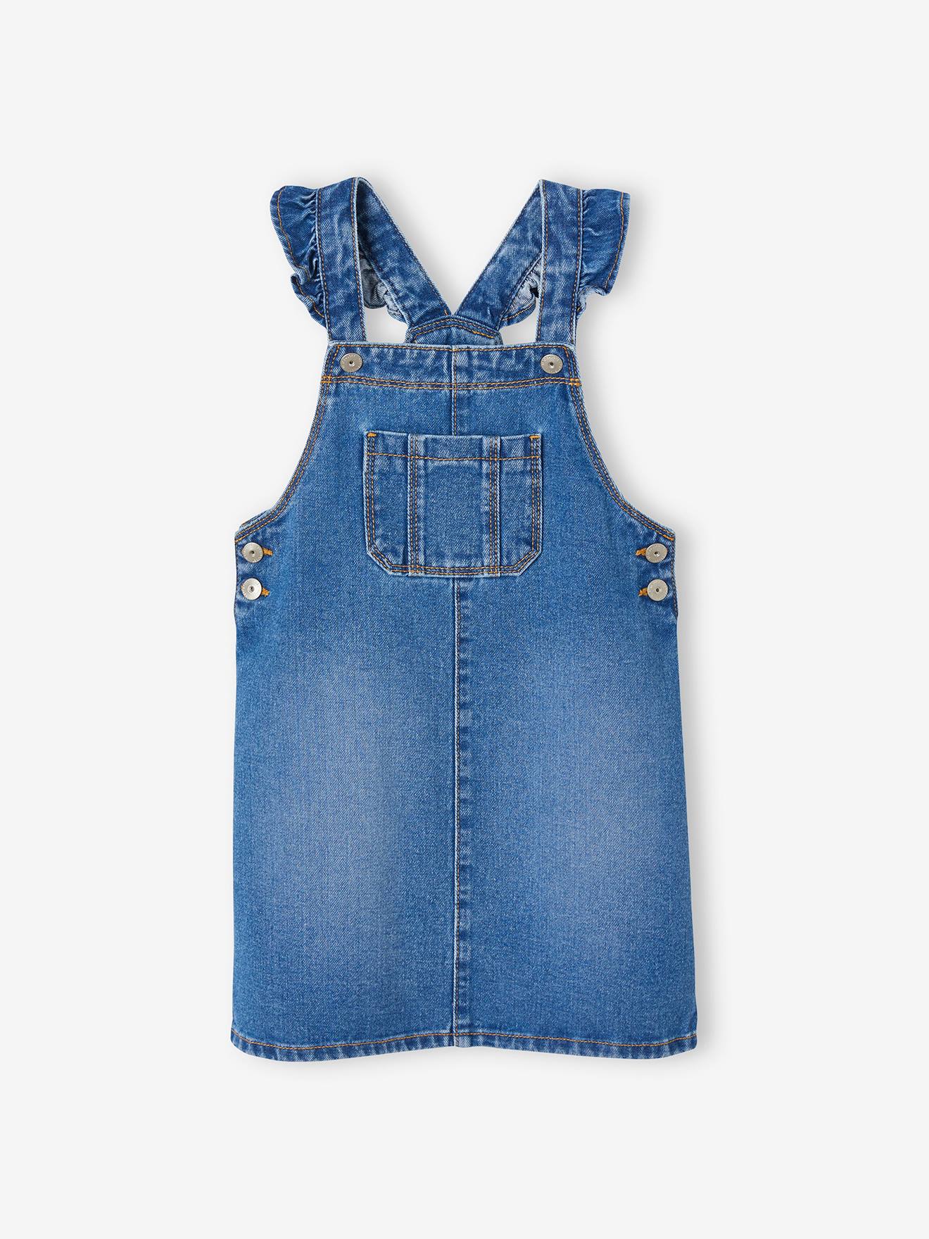 Vestido jardineira jeans com alças franzidas, para meninas, lavagem azul escura