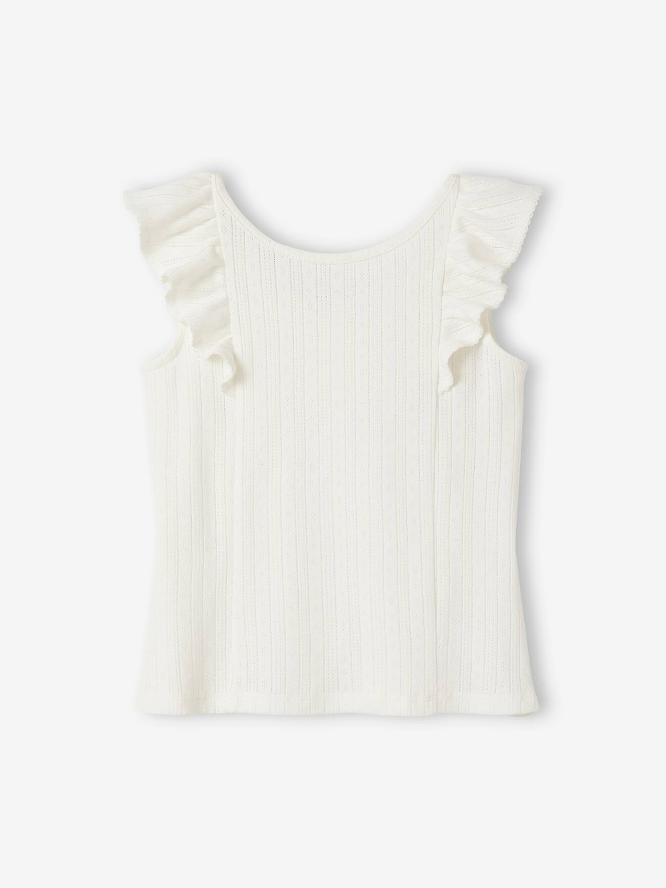 Blusa regata feminina bege em tricô vazado com babados.