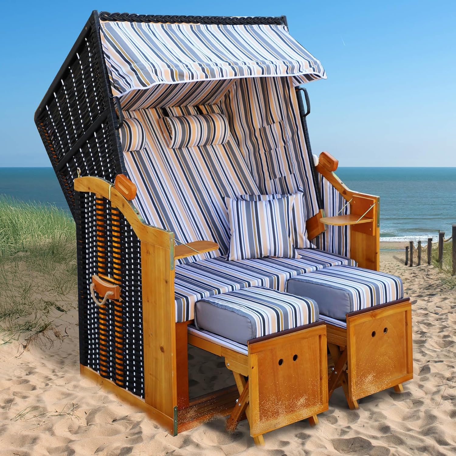 BRAST® Strandkorb Rügen Deluxe | für 2 Personen | 120cm breit | 5 Designs | inkl. wetterfeste Abdeckhaube | verstellbare Rückenlehne weiches Fußkissen | Grau/Blau/Olive - gestreift
