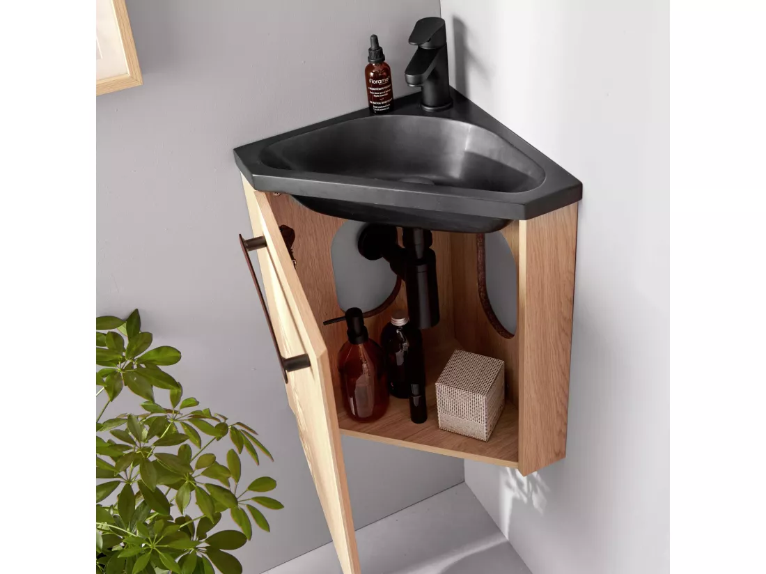 Meuble lave-mains d'angle décor chêne vasque noire SKINO