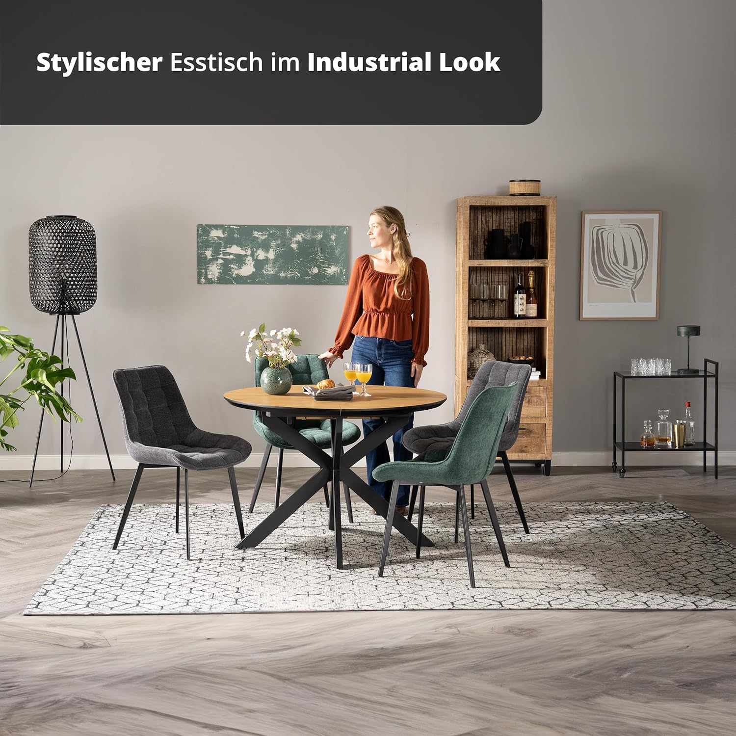 KHG Esstisch ausziehbar Küchentisch rund 110-150 cm mit Butterfly-Auszug für 4-6 Personen - Metall Sterngestell, Tischplatte Holzwerkstoff beschichtet, Schweizer Kante, Eiche Optik