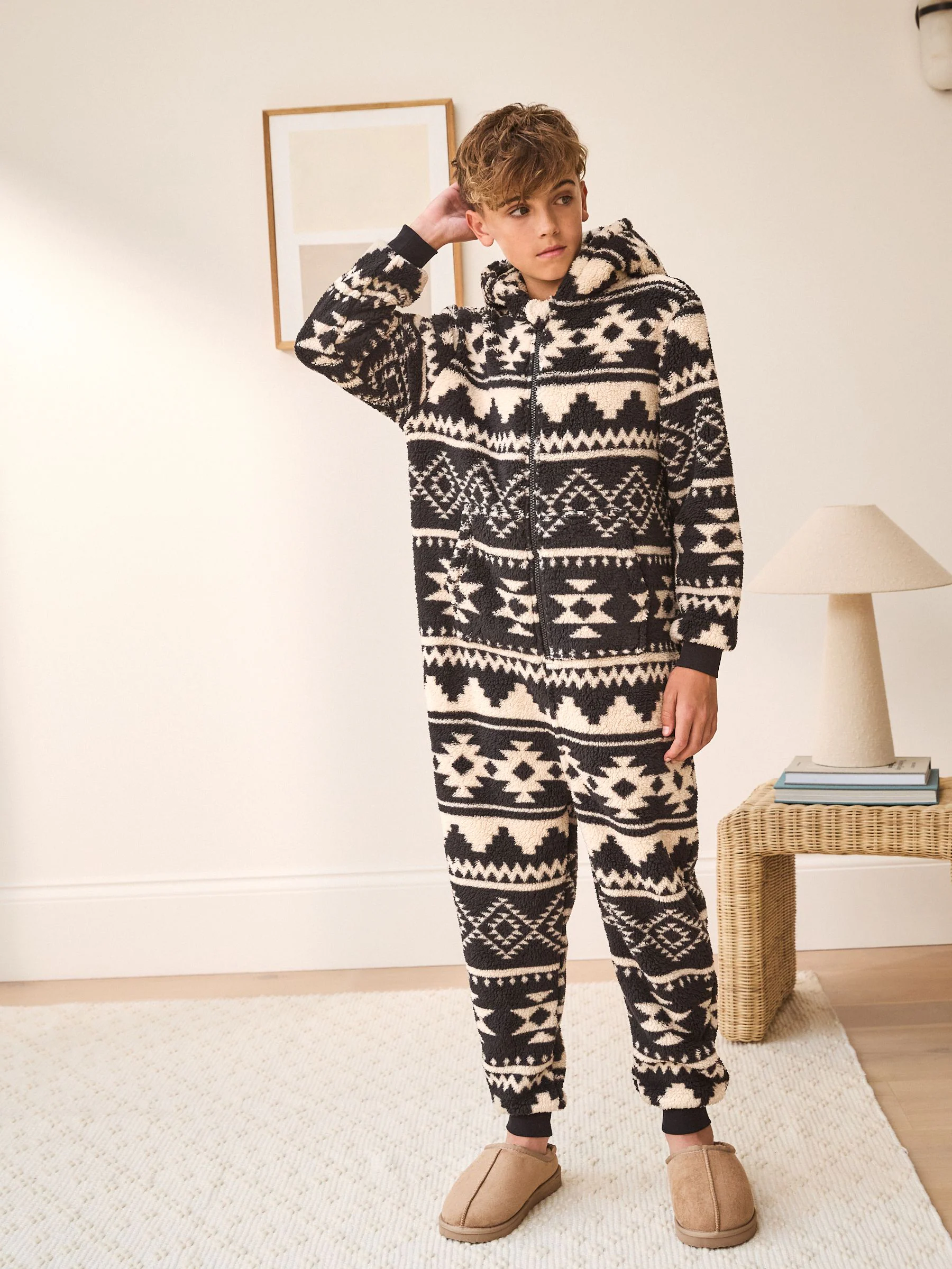 Zwart/ecru Aztekenprint - Fleece onesie (3-16 jr)