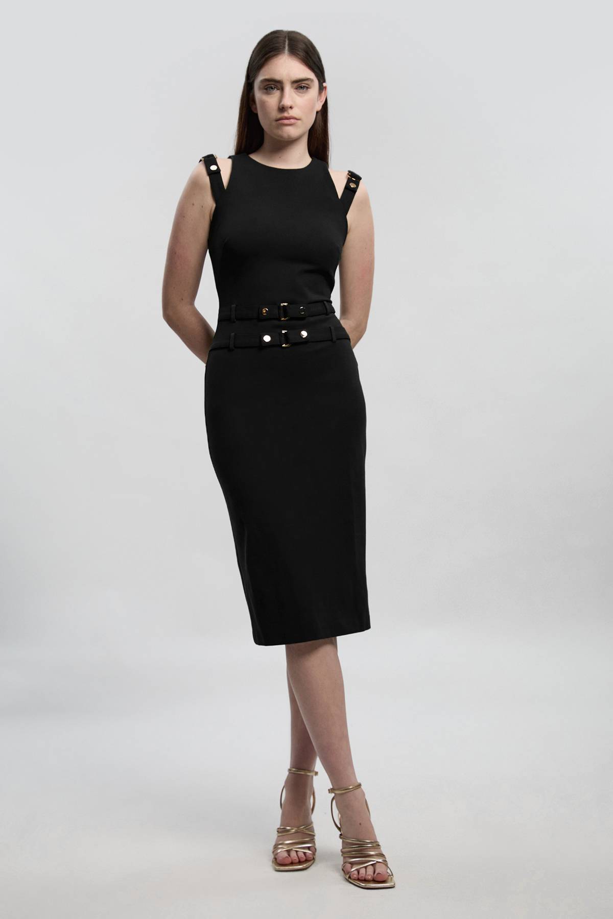 KarenMillen Robe Crayon Mi-Longue en Ponte avec Détail Ceinture