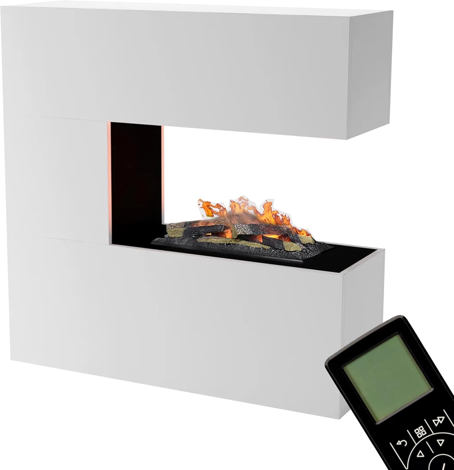GLOW FIRE Wasserdampf Kamin Schiller (Standkamin) - Elektrokamin mit realistischen LED 3D-Flammen, Knistereffekt & Fernbedienung, 120x120x37 cm - Opti-Myst 600 Elektro Kamin mit Holz-Deko, Weiß
