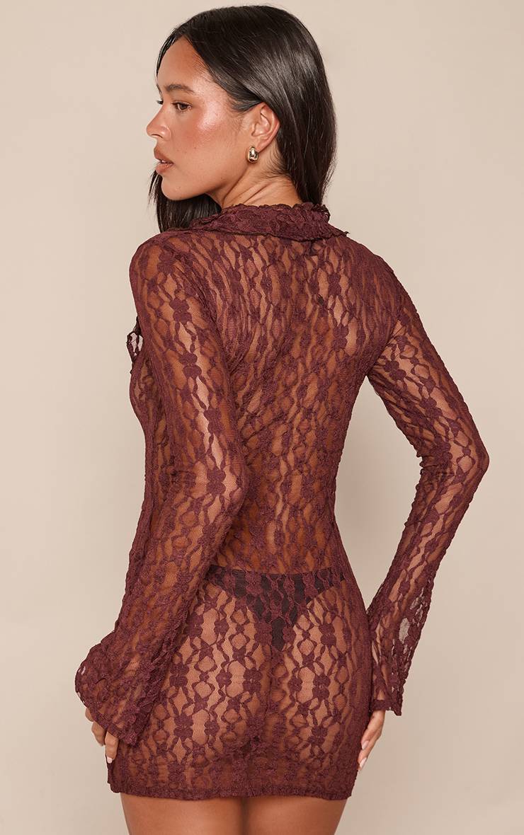 Chocolat Robe Mini En Dentelle Transparente À Manches Longues Avec Volants