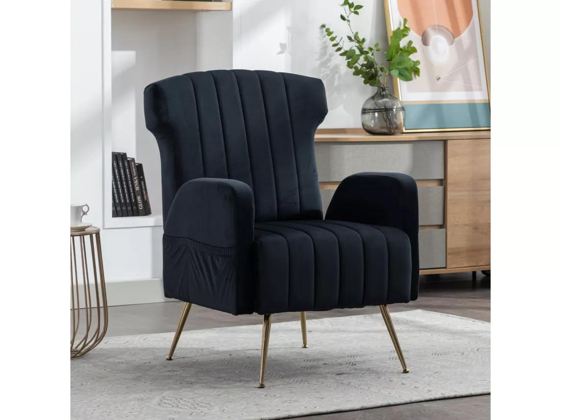 Fauteuil cabriolet en velours noir, avec poches latérales, pieds en métal, charge max 90kg, 69x72x93cm