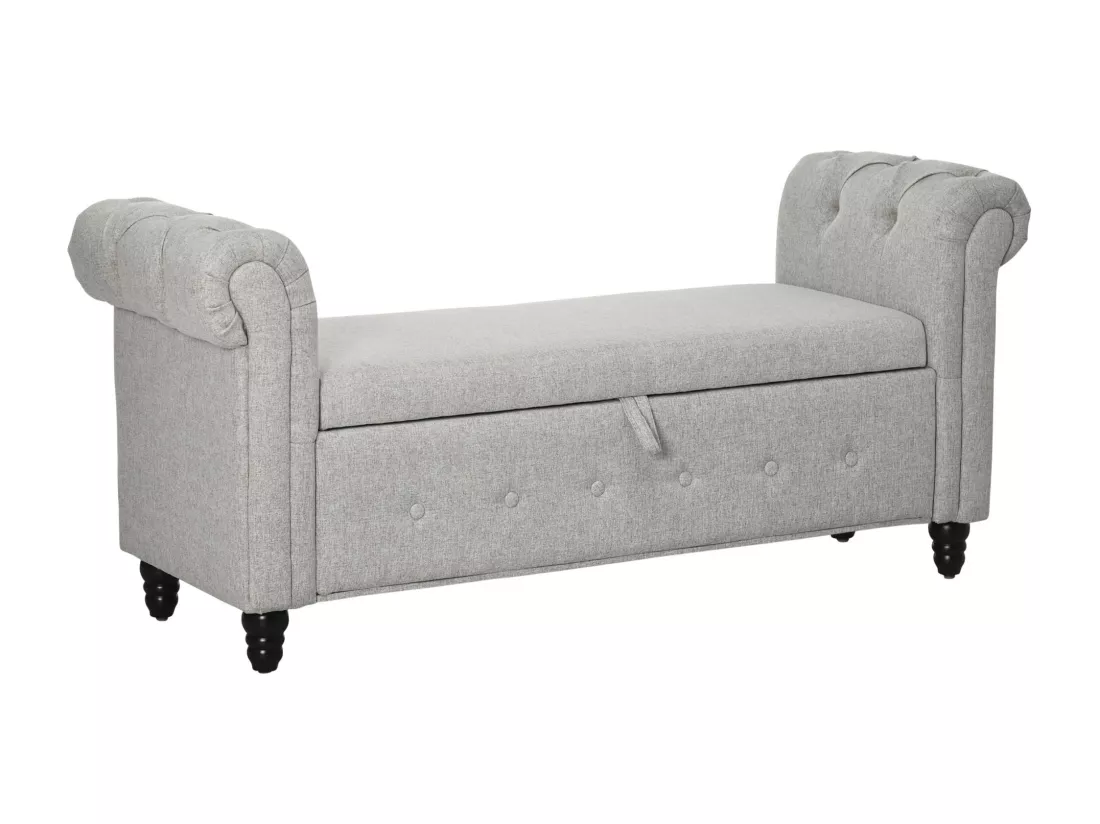 Banquette coffre de rangement 2 en 1 design Chesterfield accoudoirs courbés capitonnés piètement bois noir aspect lin gris