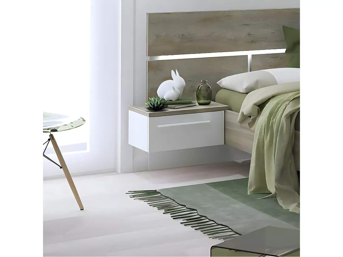 NINO LIGHT - Lit 160x200cm avec Leds et Chevets Suspendus + Armoire 3P