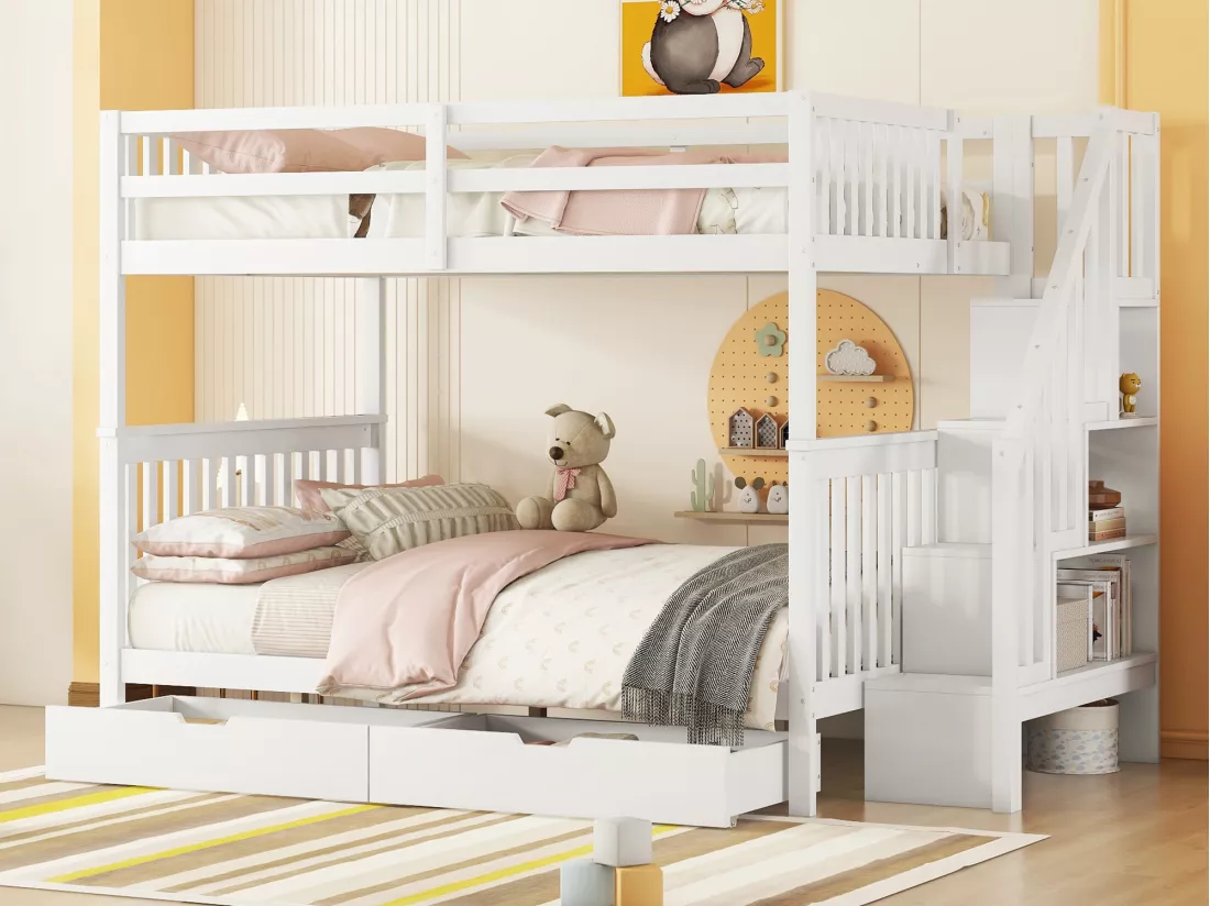 Lits superposés 2 x 140 x 200 cm pour enfant - étagère d'escalier + 2 tiroirs - bois MDF - Blanc
