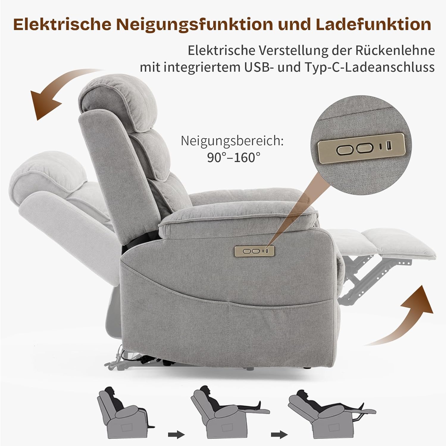 LEADZM Fernsehsessel Relaxsessel mit drahtloser Ladevorrichtung, 1 USB-Anschluss, 1 USB-C-Ladeanschluss, Liegen TV Sessel mit Massage Heizung, Seitentaschen, Getränkehalter (Hellgrau)