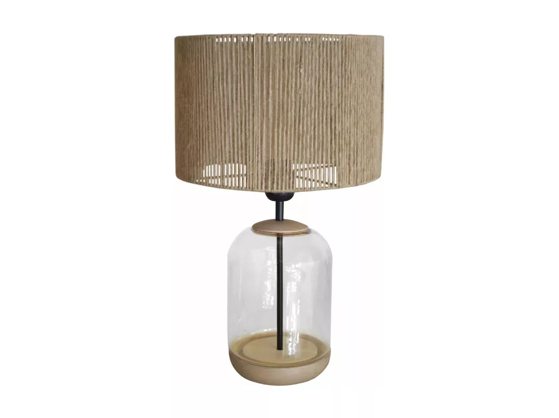 Lampe de chevet cylindre bois,verre,transparent,fillage jute 41 cm.