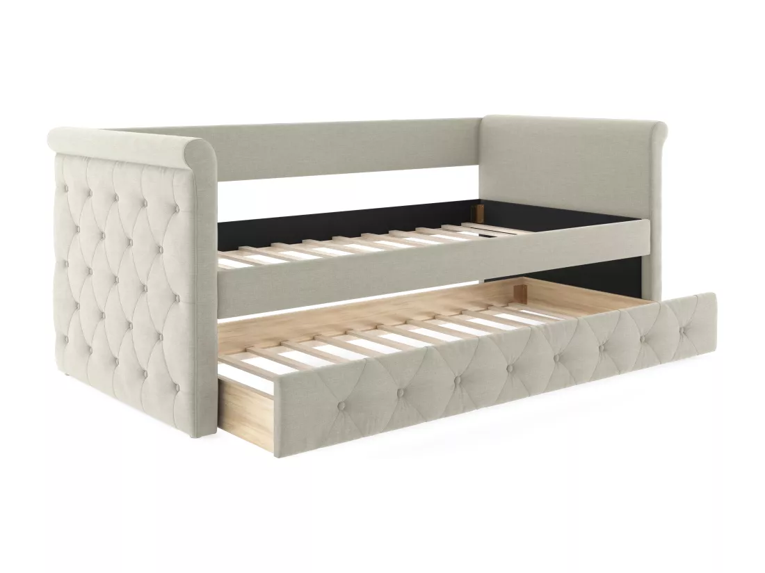 Lit banquette gigogne capitonné - 2 x 90 x 190 cm - Tissu - Beige - LOUISE