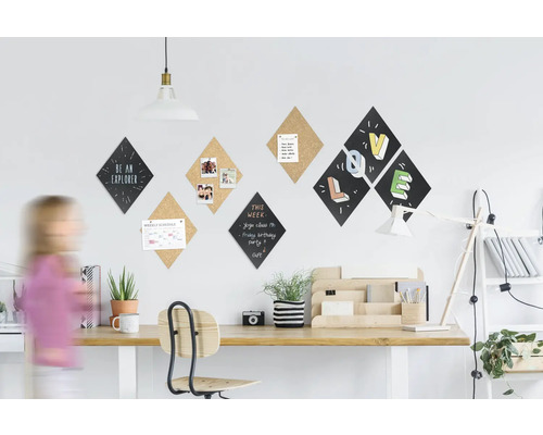 Krijtbord & kurk prikbord ruitvorm 7 stuks incl. punaises en krijtstift