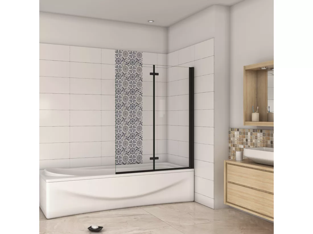 AICA pare baignoire noir pivotante pliant 90x140cm,paroi fixée,5mm verre anticalcaire,noir mat en métal style et simplicité