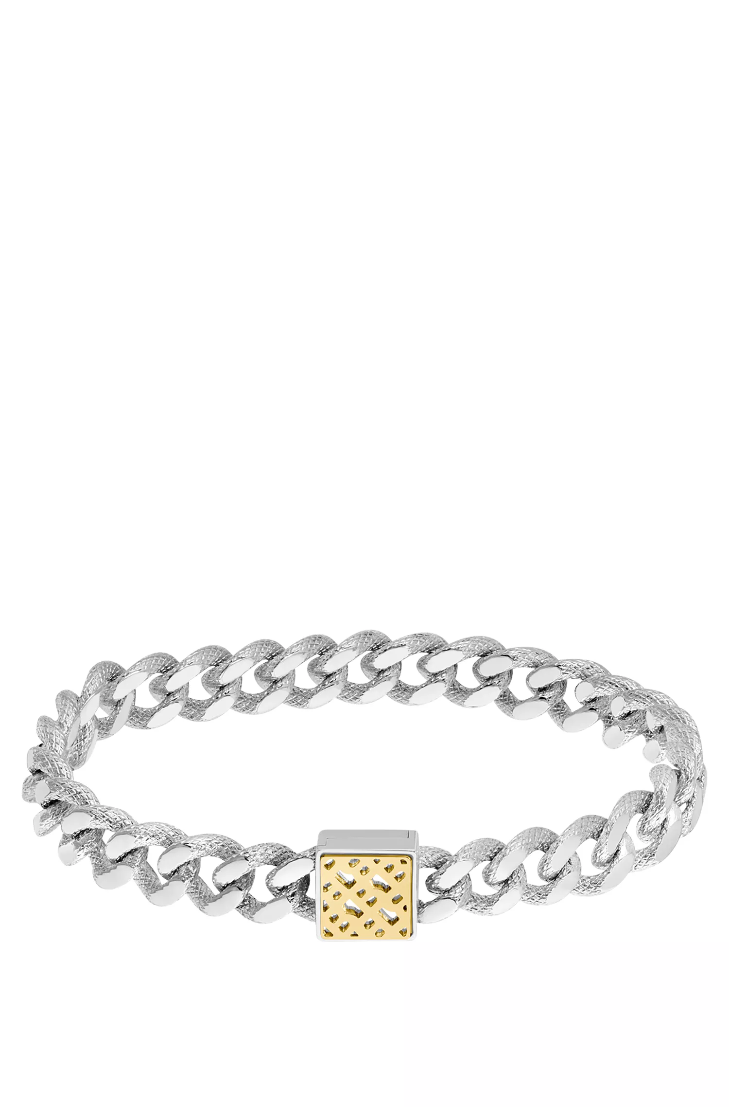 Pulseira BOSS em aço inoxidável preto com corrente tipo curb e monograma quadrado.