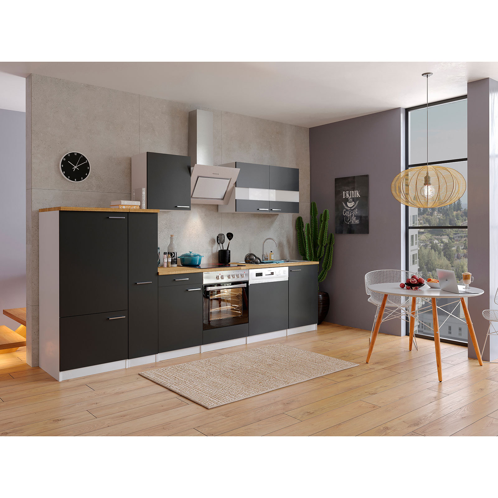 RESPEKTA Küchenblock - schwarz-weiß - mit E-Geräten - 310 cm