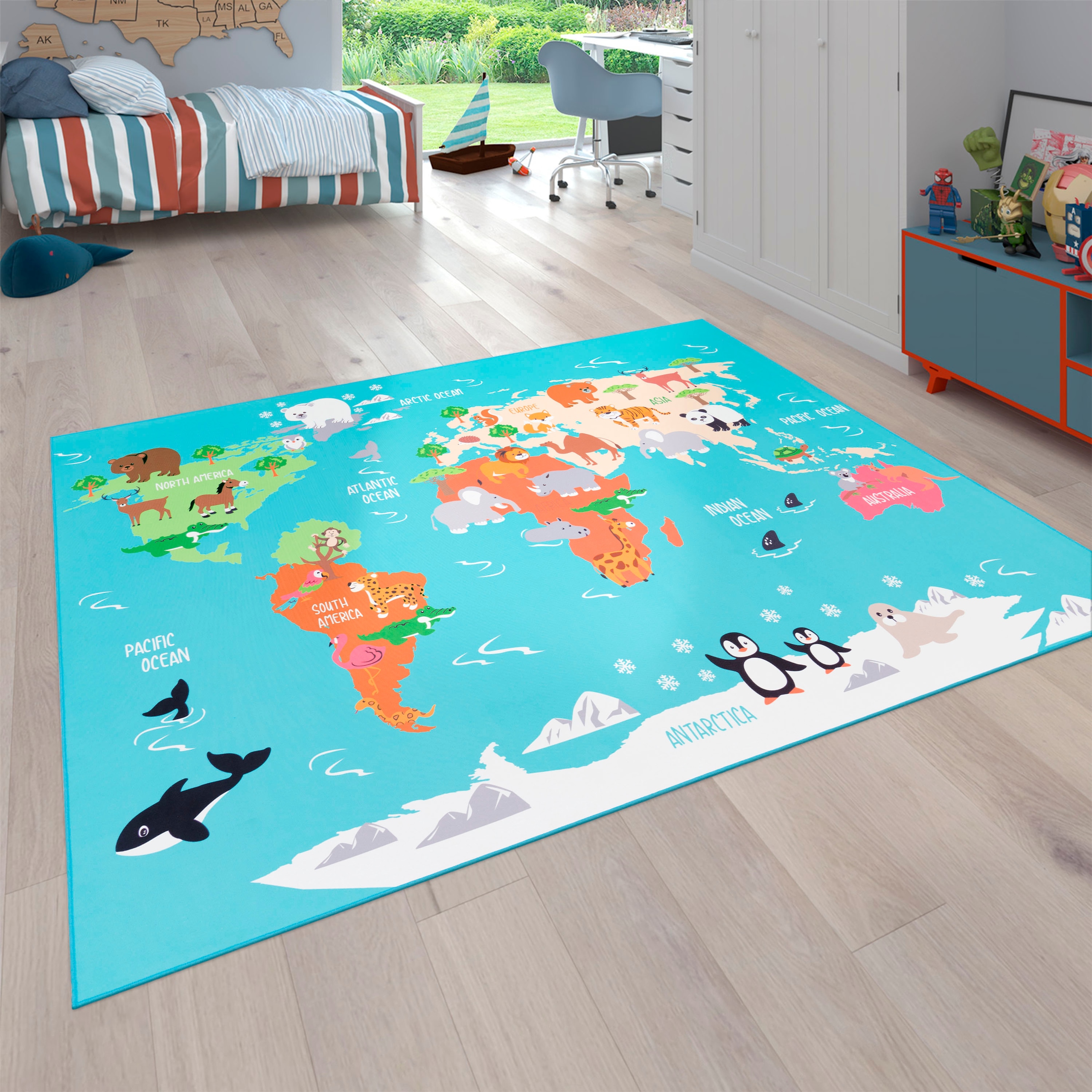 Paco Home Kinderteppich »Bino 564« rechteckig 4 mm Höhe Kurzflor, Motiv Weltkarte, Kinderzimmer