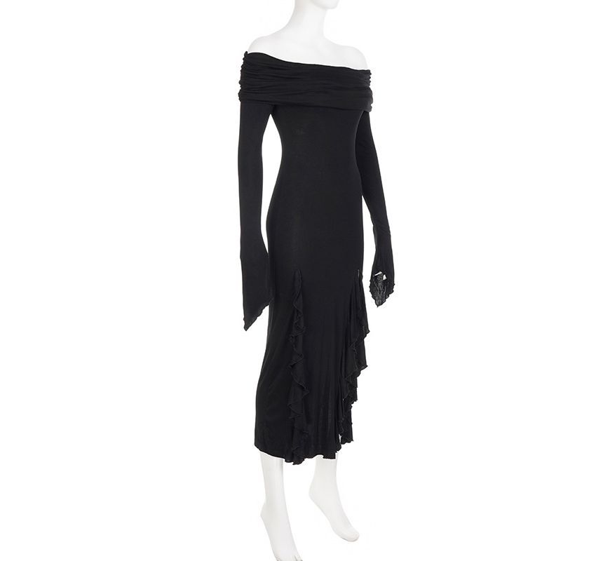 BrickBlack - Lange mouw off-shoulder effen asymmetrische ruche rand split maxi kokerjurk