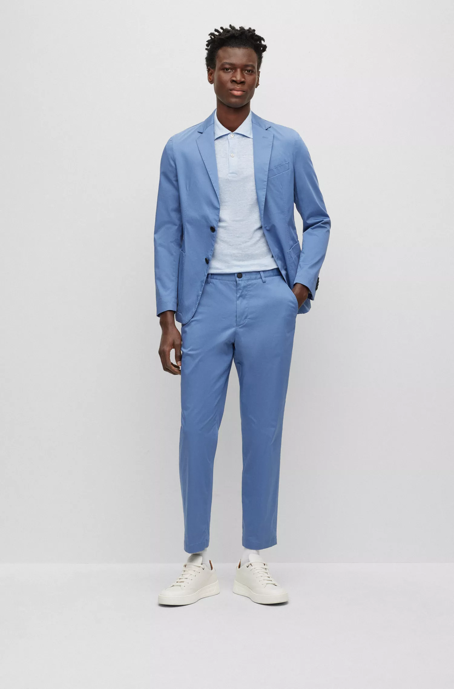 Camisa polo BOSS preta, corte regular, em linho bicolor.