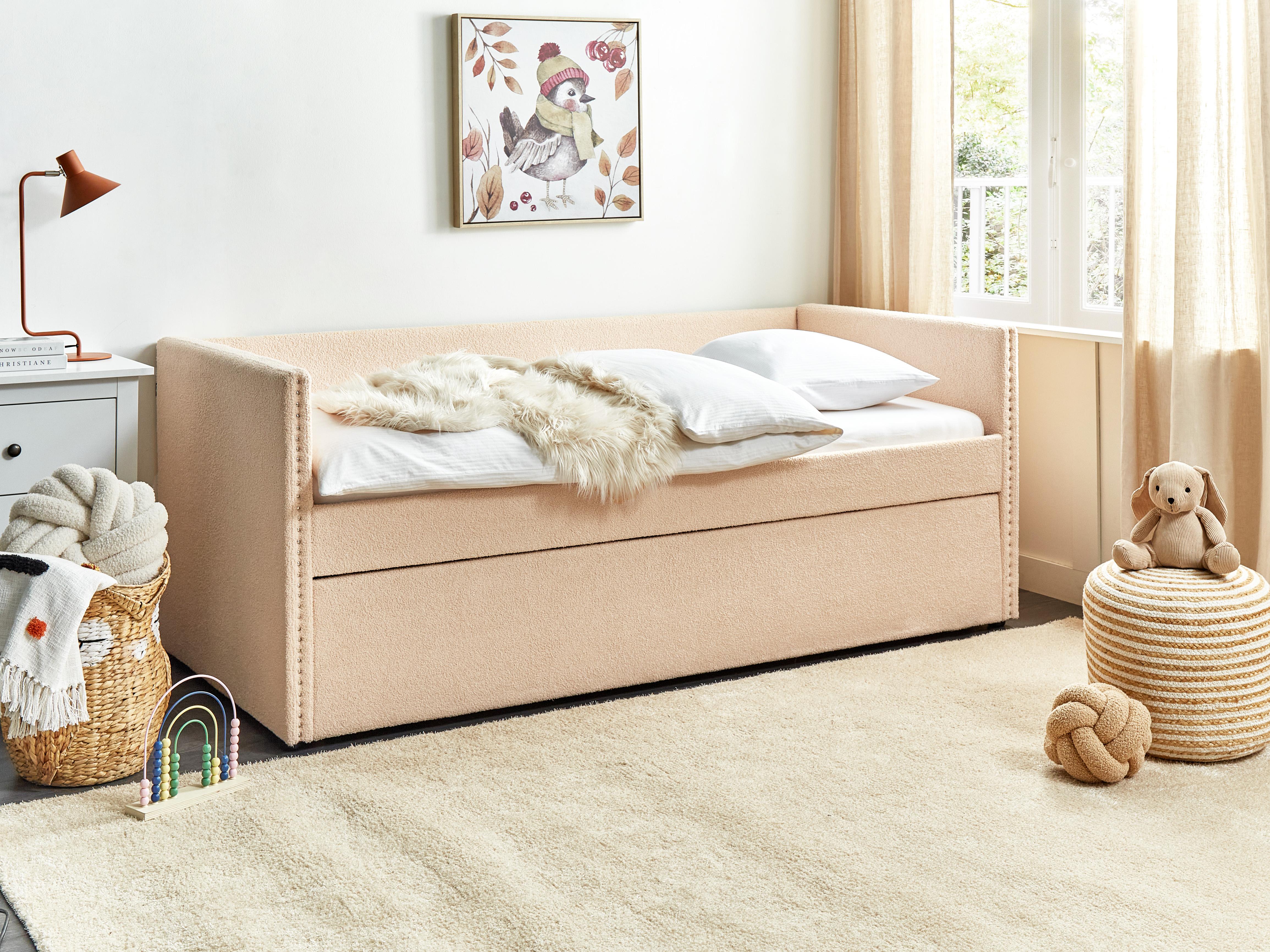 Onderschuifbed Bouclé TROYES 90 x 200 cm Perzikroze
