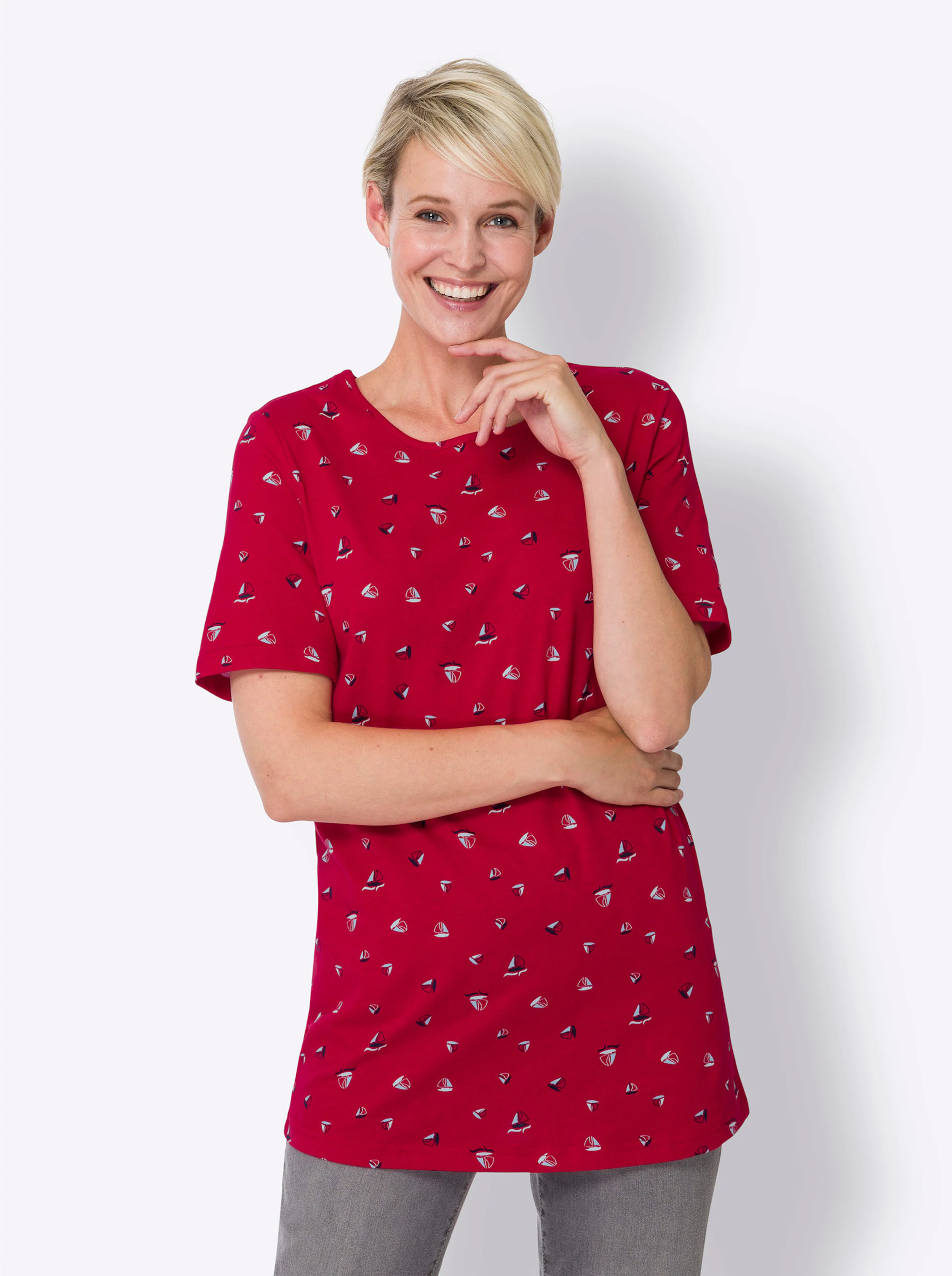 Longshirt in rot-nachtblau-bedruckt