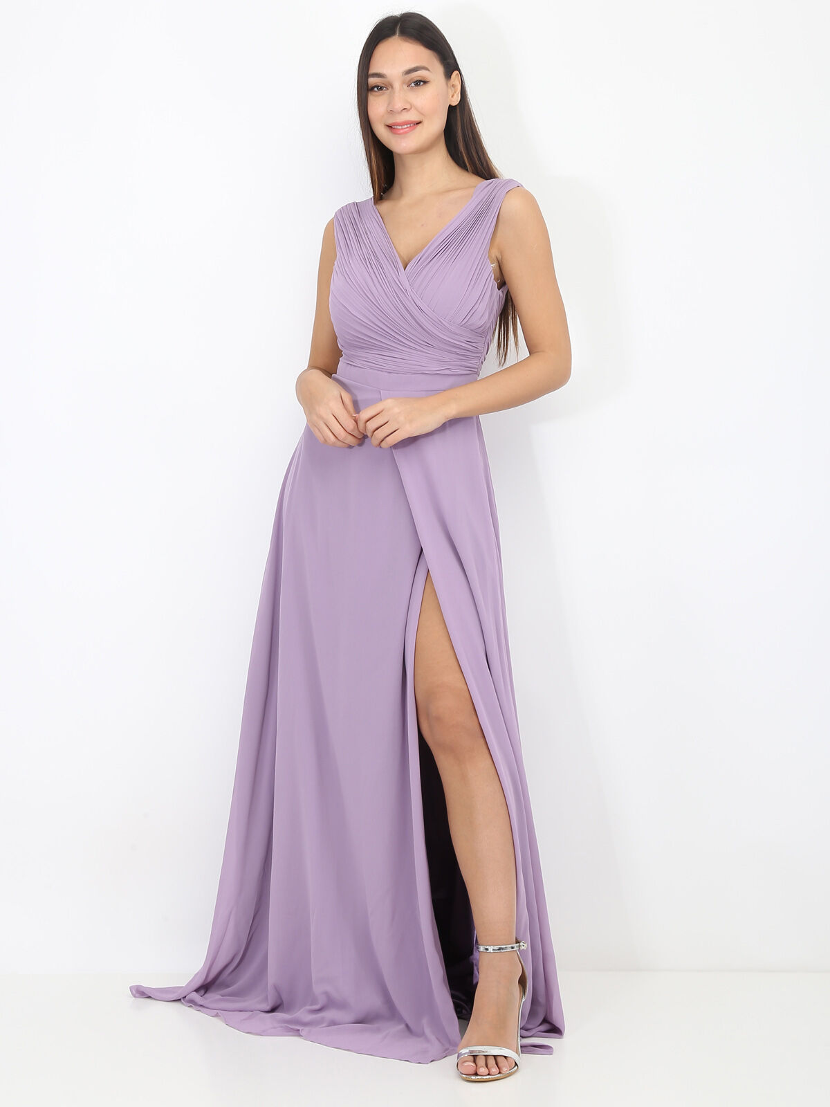 Robe longue drapée avec fente- Violet clair