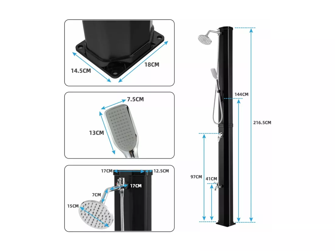 Douche Solaire de Jardin 35L 217cm avec Pommeau de Douche à Rotation Libre Rotatif à 360° Température et Pression Réglables pour Cour, Noir