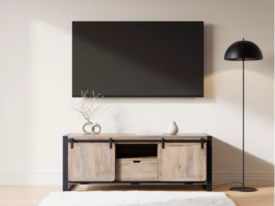 Meuble TV avec 2 portes, 1 tiroir et 1 niche en bois de manguier et métal - Naturel et noir - HARLEM II