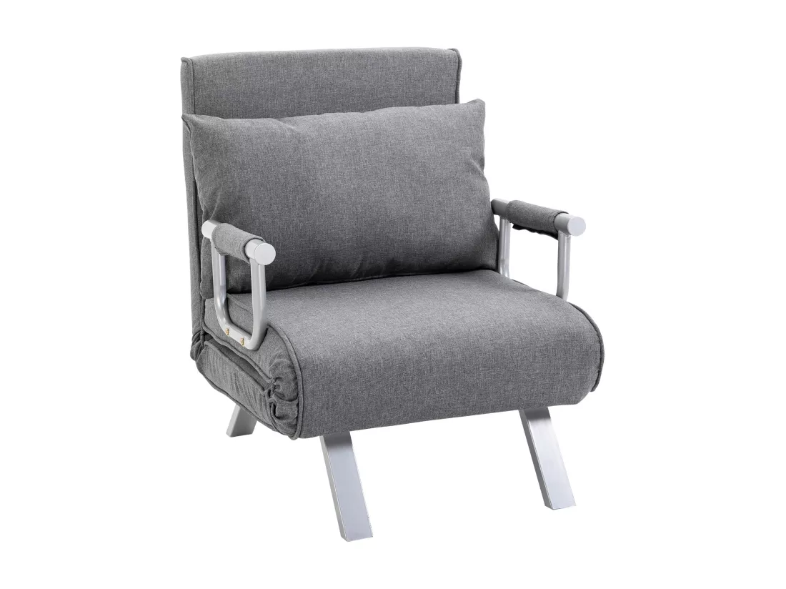 Fauteuil chauffeuse canapé-lit convertible 1 place déhoussable grand confort coussin pieds accoudoirs métal lin gris clair