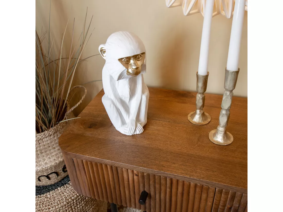 Now's Home - Figurine Singe Assis Blanc Aux Touches Dorees 15x12x25cm Yulu
