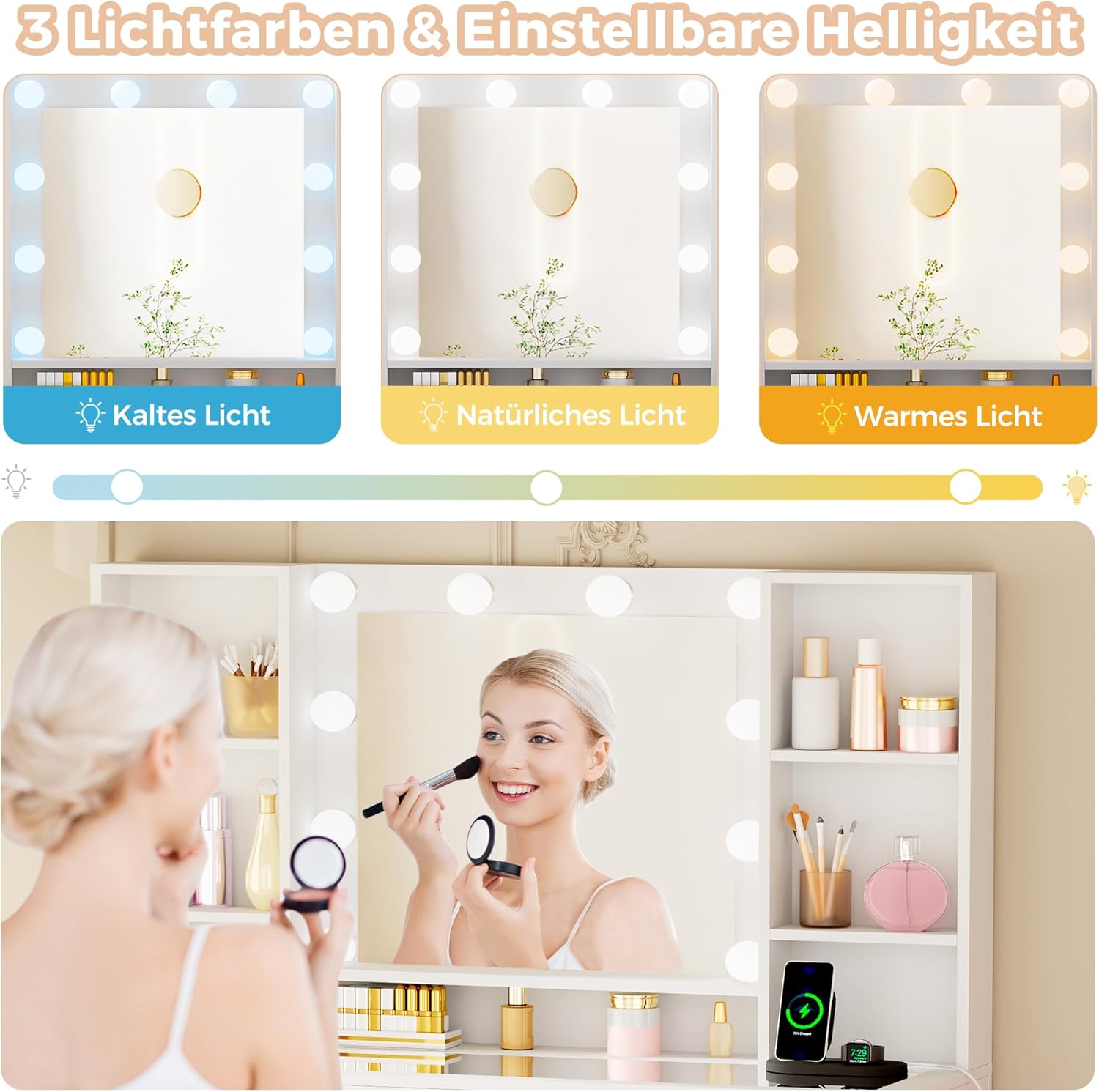 ANWBROAD Große Schminktisch mit Verstellbaren LED-Beleuchtung und Steckdosen,3 Farben,Transparente Glasplatte,Schminktisch mit Spiegel,13 Schubladen,7 Offenen Ablagen,Weiß BDT19W