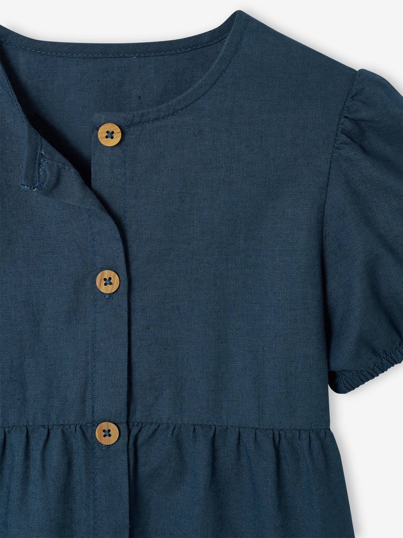 Vestido de linho e algodão com botões para meninas, cor tinta