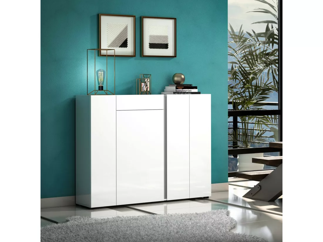 Meuble à chaussures Lobamba, Meuble à chaussures, Armoire d'entrée polyvalente, Rangement pour chaussures, Made in Italy, 149x33h115 cm, Blanc brillant et anthracite
