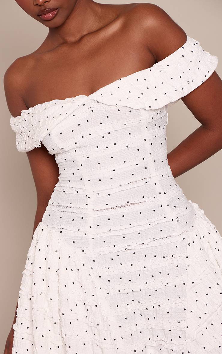 Blanc Robe Droite Bardot Texturée À Pois