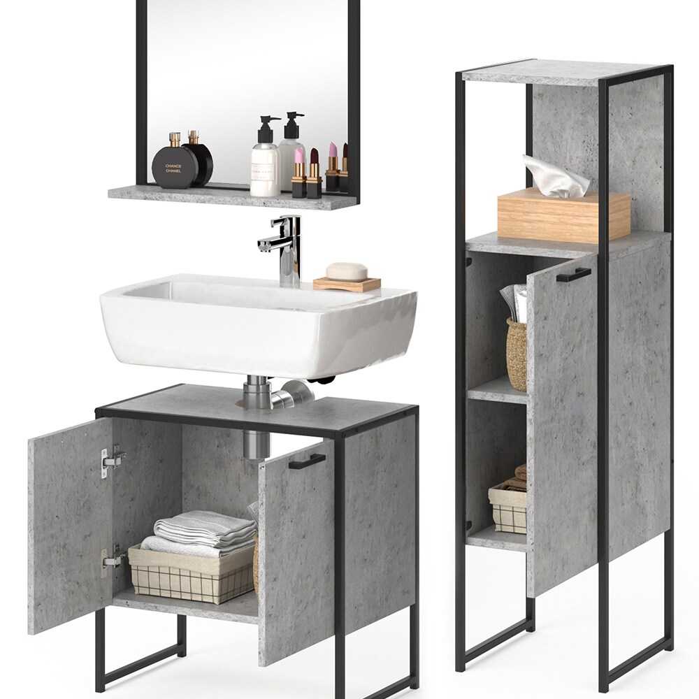 Vicco Loft Badmöbel Set Fyrk Beton Badspiegel Midischrank Waschtischunterschrank