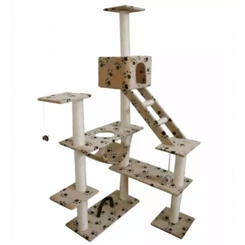 Arranhador grande para gatos, bege, com pegadas de patas.