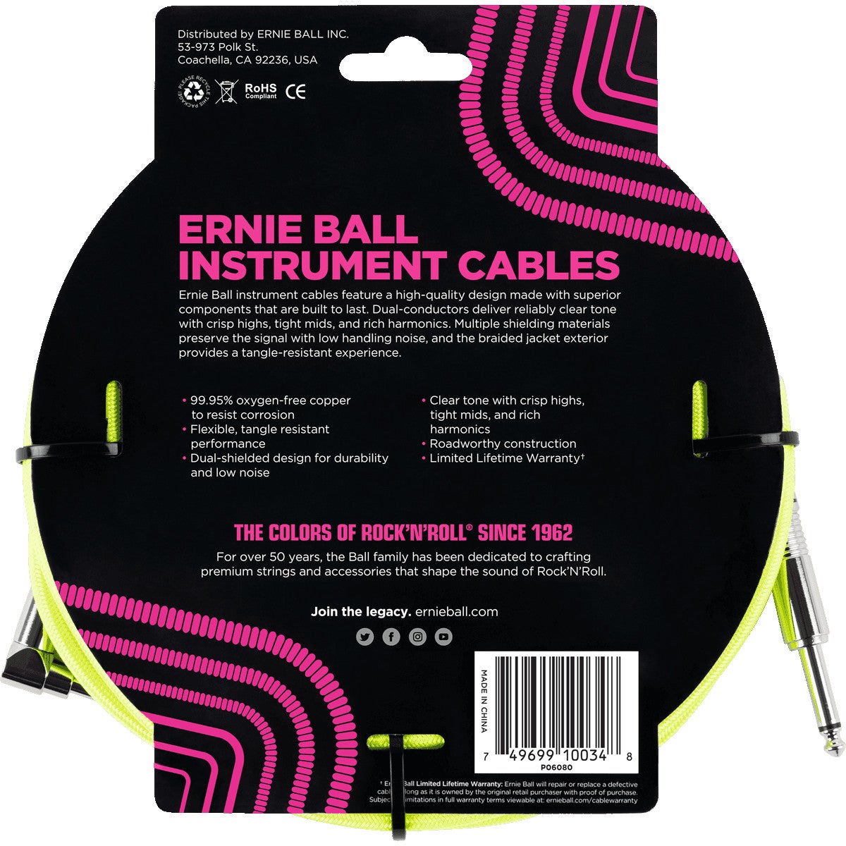 Ernie Ball 6080 Braided Instrument Cable, 3 meter, Neon Yellow