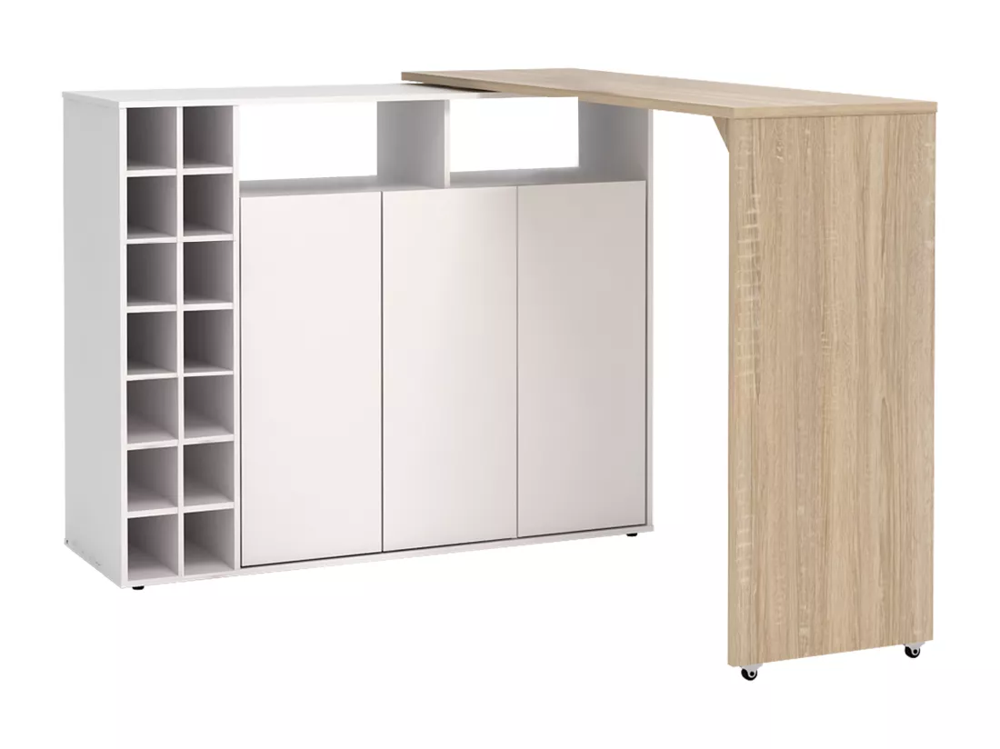 Meuble de bar pivotant avec rangements - Blanc et Naturel - VINALO