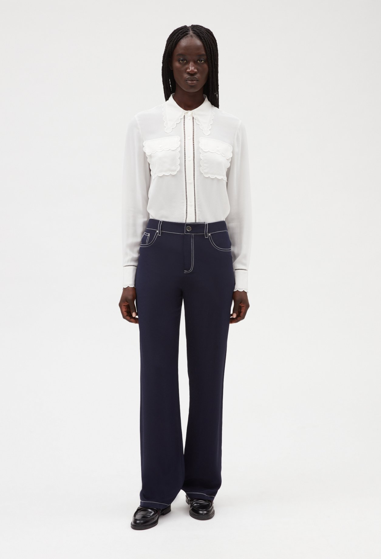 Pantalon droit long soie bleue