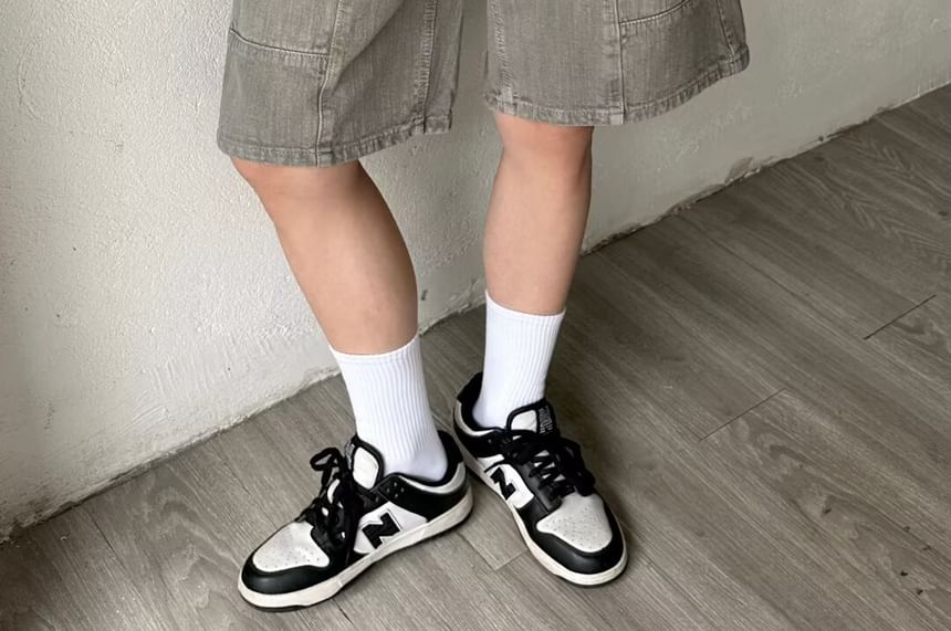 Double White - Mid Rise Washed Panel Denim Shorts