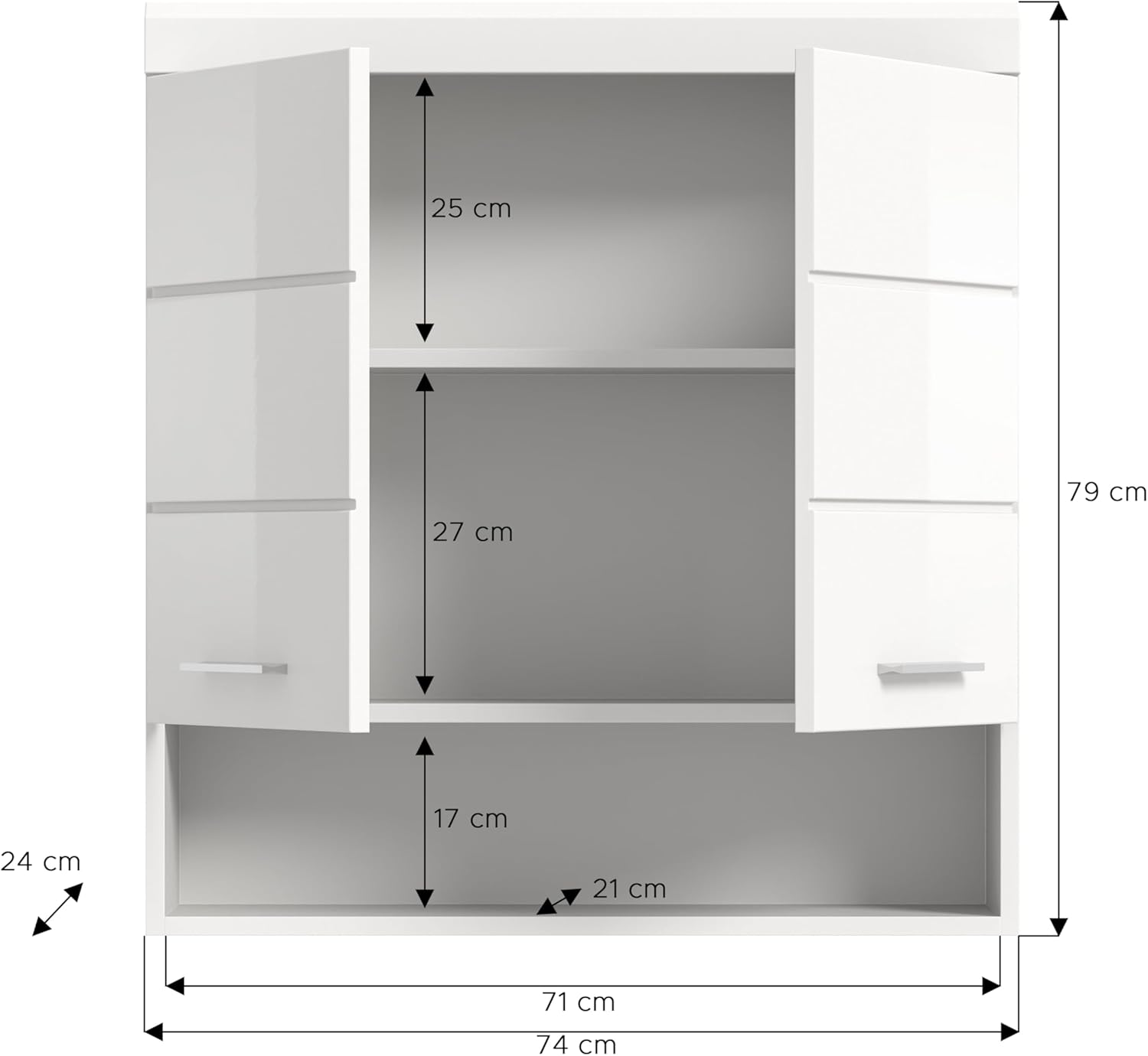 xonox.home Bad Scout X06A9723 Hängeschrank Wandschrank Schrank in weiß Nachbildung und weiß Hochglanz tiefzieh, ca. B/H/T: 74x79x24 cm