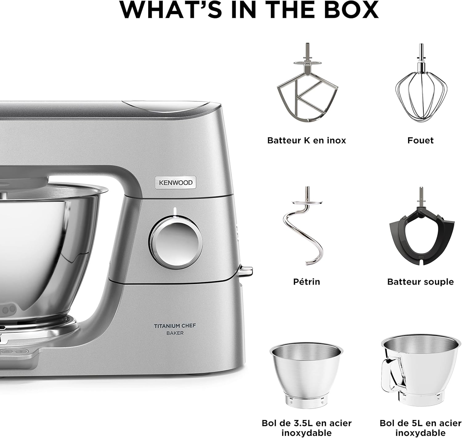 Kenwood Titanium Chef Baker XL, Robot Pâtissier avec Batteur K, Crochet Pétrisseur, Fouet et Bol de 7 Litres, KVL85.424SI, 1200W, Argent