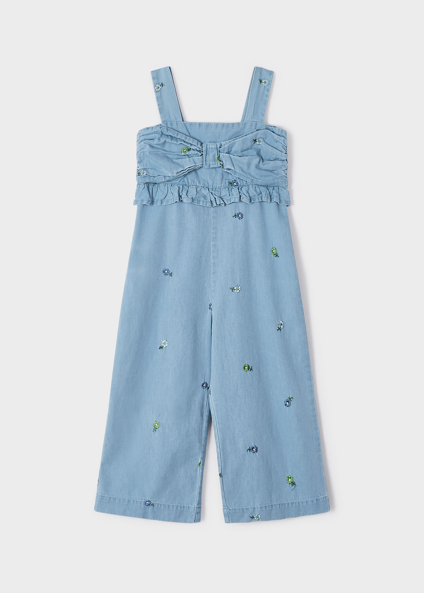 Macacão jeans com bordados em algodão para meninas